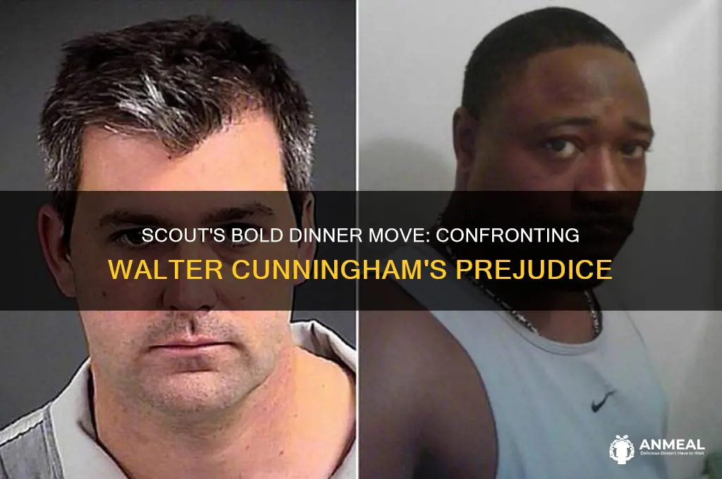 what does scout do to walter cunningham at dinner