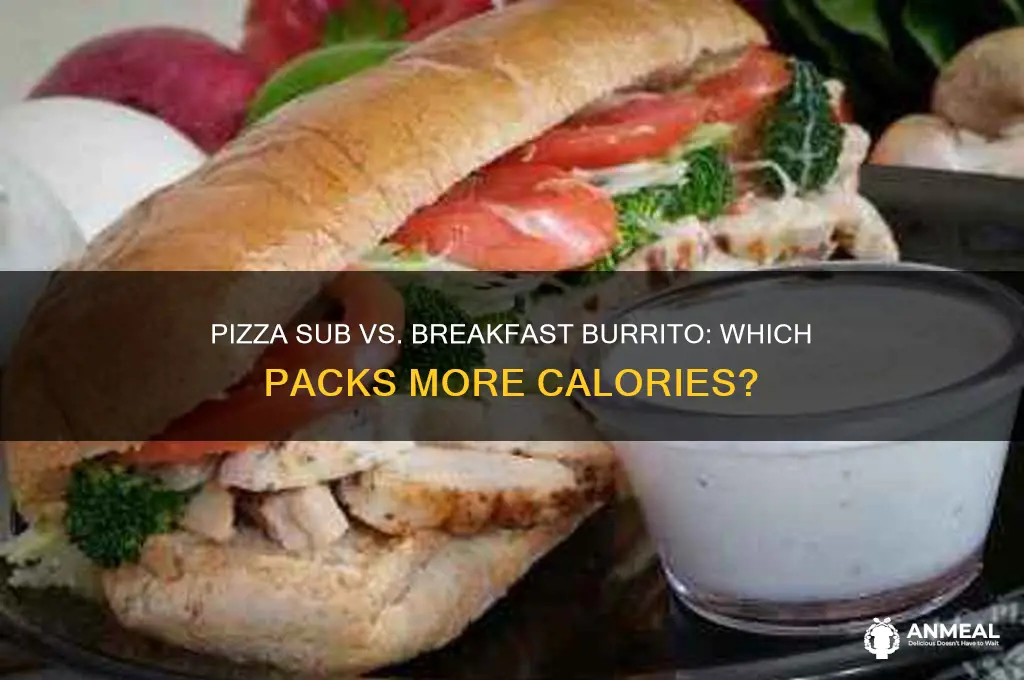 what has more cslories a pizza sub or breakfast burrito