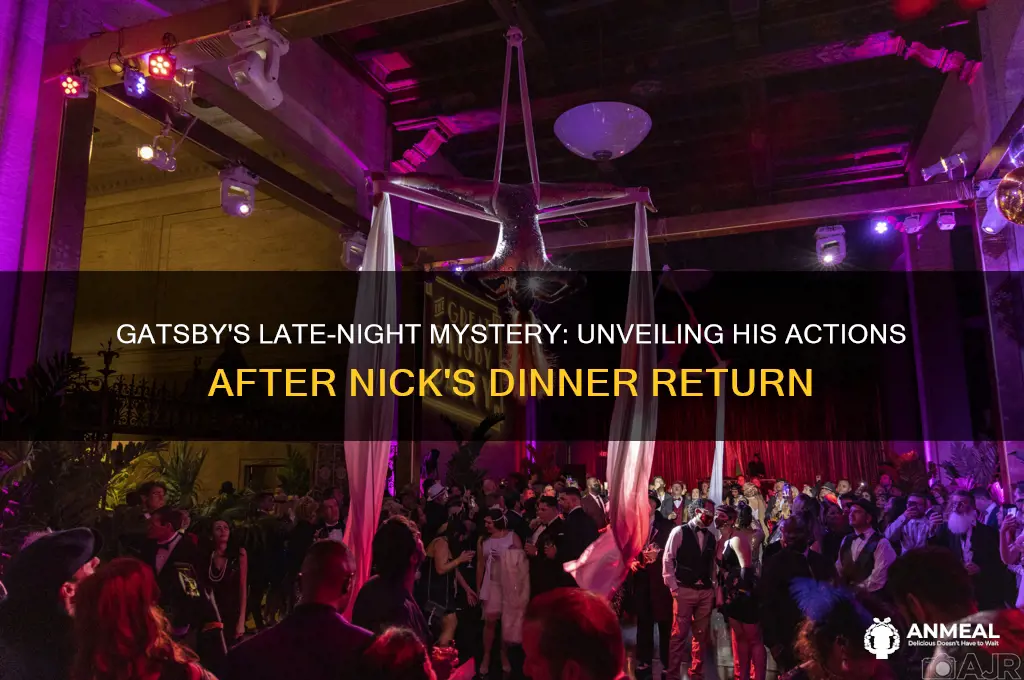 what is gatsby doing when nick returns from dinner